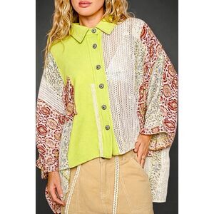 POL Lime Patchwork Crochet Lace Button Down Shirt Boho Oversized Floral Top Med